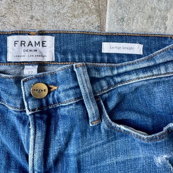 FRAME Denim Le High Straight Raw Edge Distressed Jean Catmore Size 27